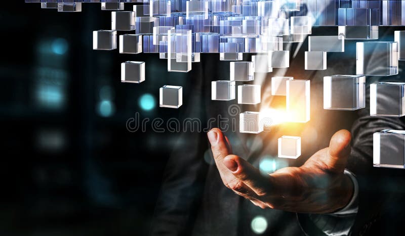 Hand holding glowing cubes. Innovation and creativity concept. Mixed media. Digital system concept stock images, royalty-free photos and pictures