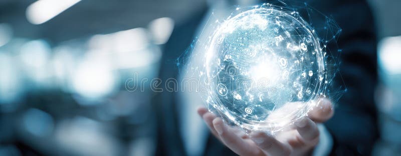 The hand holding a glowing digital globe representing global connectivity and innovation. image stock photos.