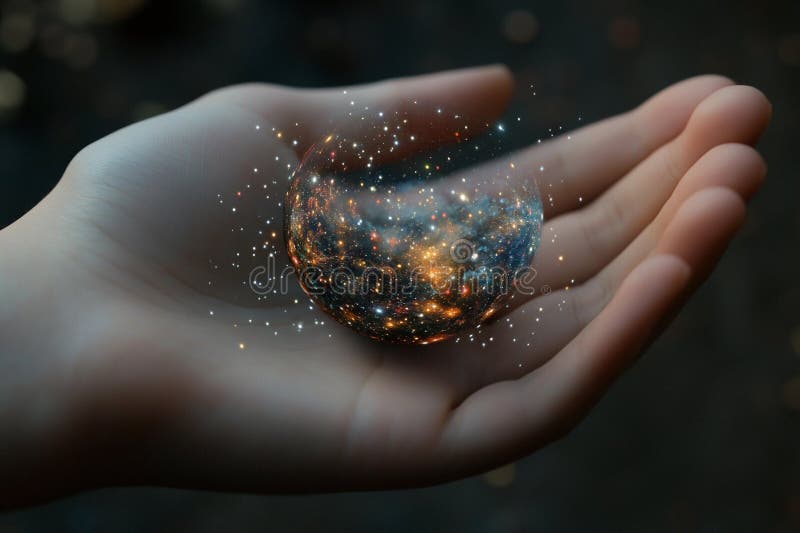 Hand holding a glowing planet with rings and cosmic elements in a dark background royalty free stock images