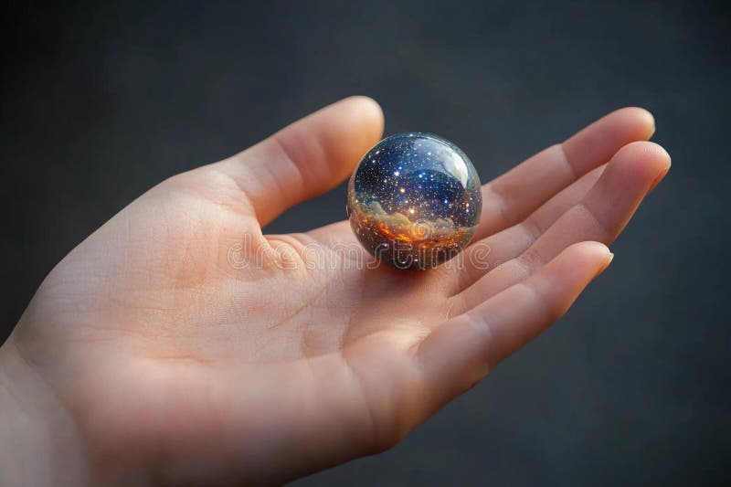 Hand holding a glowing planet with rings and cosmic elements in a dark background royalty free stock photo