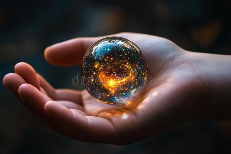 Hand holding a glowing planet with rings and cosmic elements in a dark background royalty free stock photos