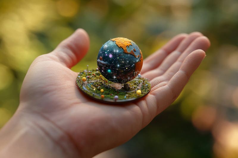 Hand holding a glowing planet with rings and cosmic elements in a dark background royalty free stock photos