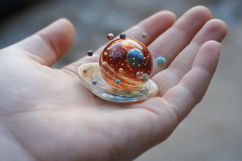 Hand holding a glowing planet with rings and cosmic elements in a dark background royalty free stock photos