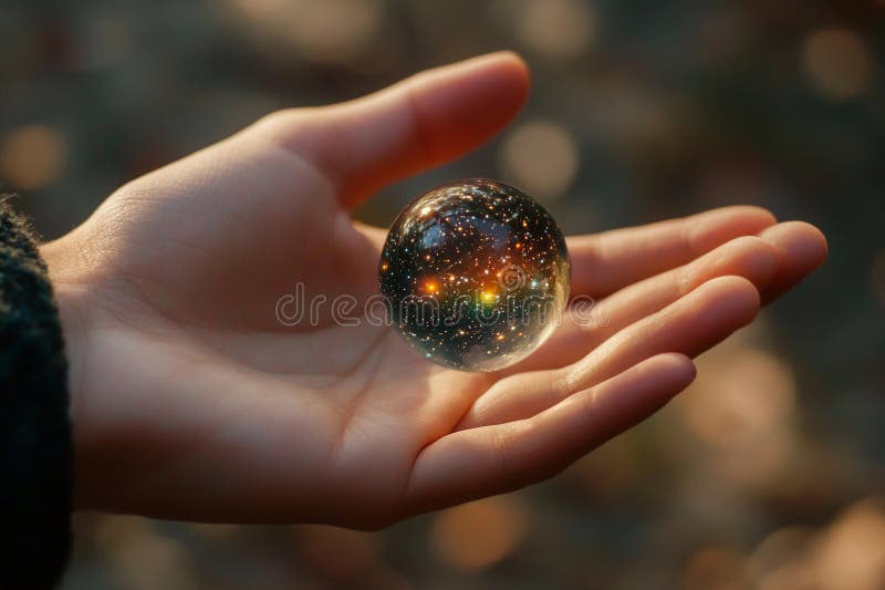 Hand holding a glowing planet with rings and cosmic elements in a dark background royalty free stock image
