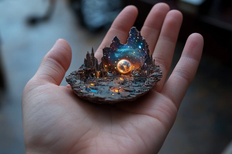 Hand holding a glowing planet with rings and cosmic elements in a dark background stock images