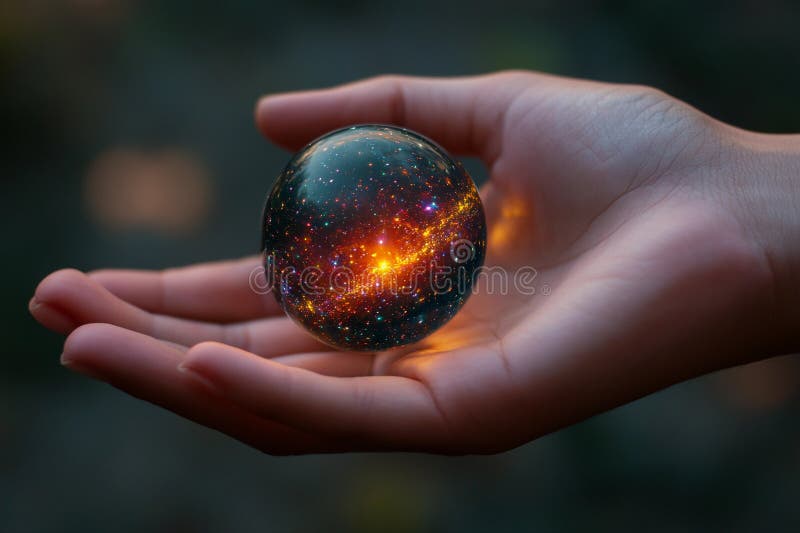 Hand holding a glowing planet with rings and cosmic elements in a dark background stock photo