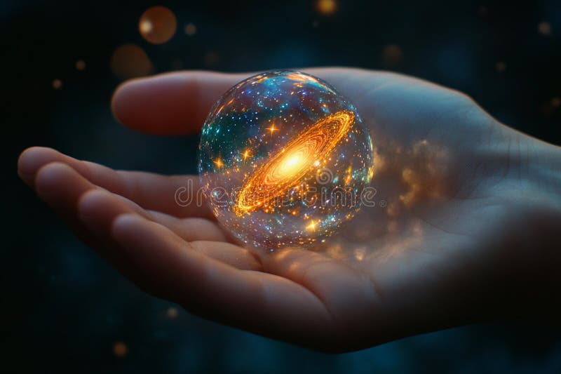 Hand holding a glowing planet with rings and cosmic elements in a dark background stock images