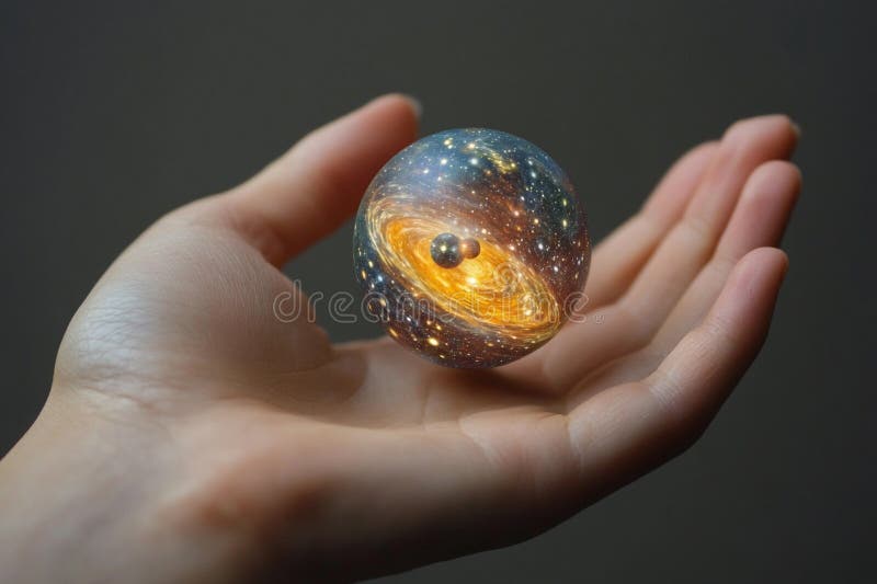 Hand holding a glowing planet with rings and cosmic elements in a dark background stock photography