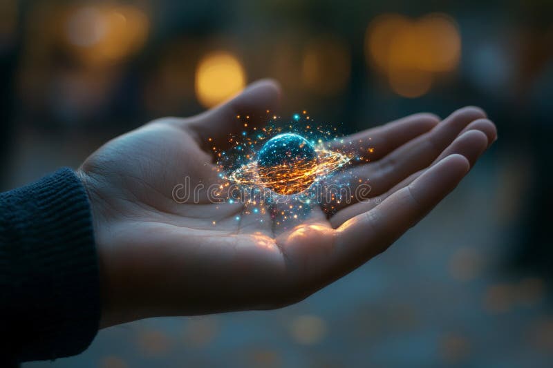Hand holding a glowing planet with rings and cosmic elements in a dark background royalty free stock photo