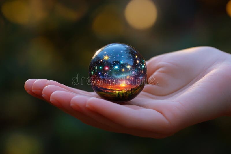 Hand holding a glowing planet with rings and cosmic elements in a dark background stock images