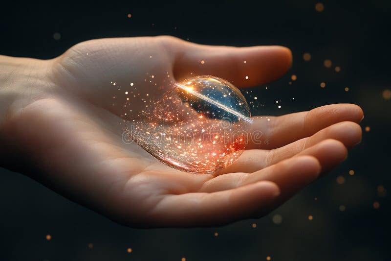 Hand holding a glowing planet with rings and cosmic elements in a dark background royalty free stock photography