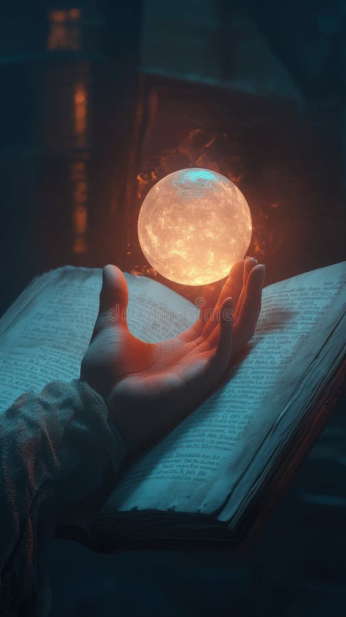 Hand Holding Glowing Sphere over an Ancient Book stock photography