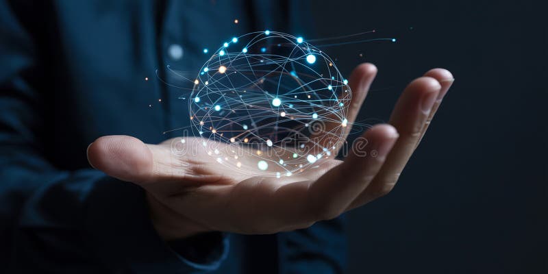 Hand holding a glowing spherical digital network with interconnected nodes and lights royalty free illustration