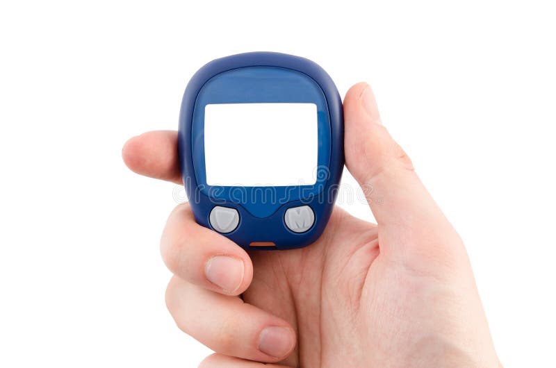 Hand holding glucometer with blank display stock photos