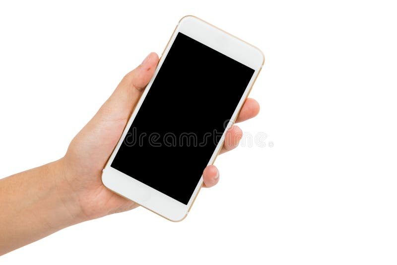 Hand holding gold smartphone on white background stock image Hand holding gold smartphone on white background stock image
