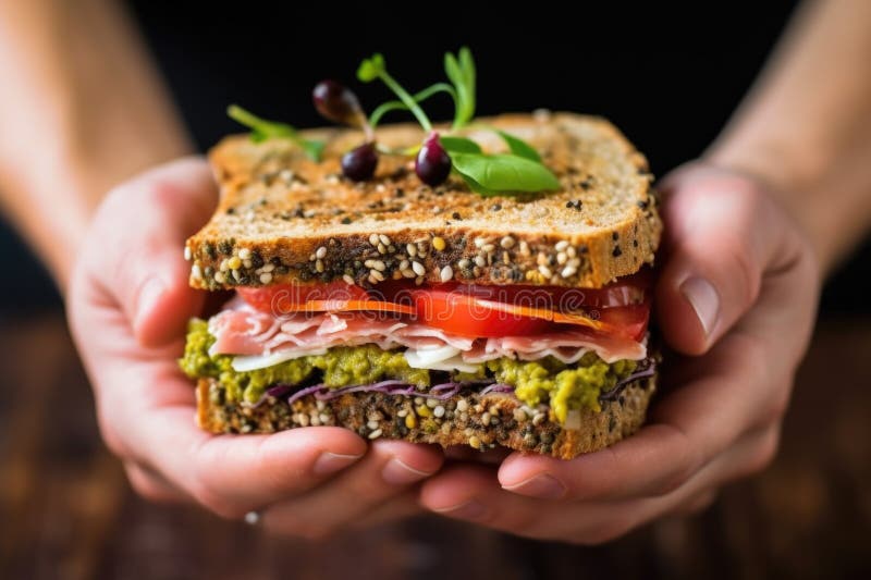 Hand holding a gourmet sandwich with tapenade and ham stock photos