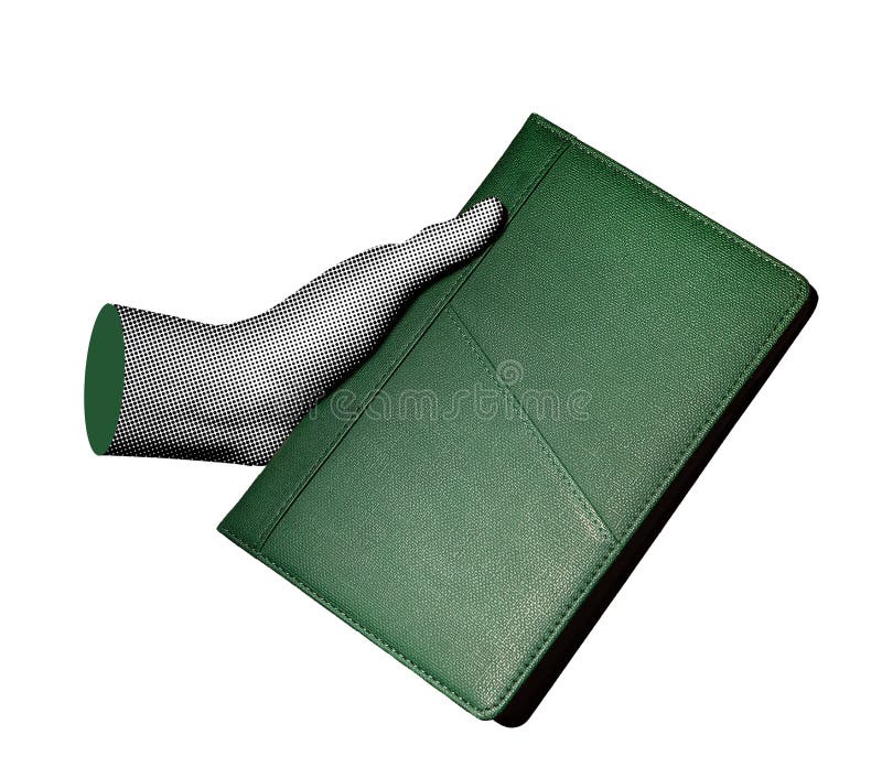 Hand holding green leather notebook, elegant planner or diary used for writing, business royalty free stock image