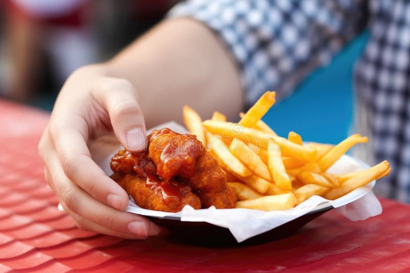 Hand holding a half-eaten currywurst stock photo