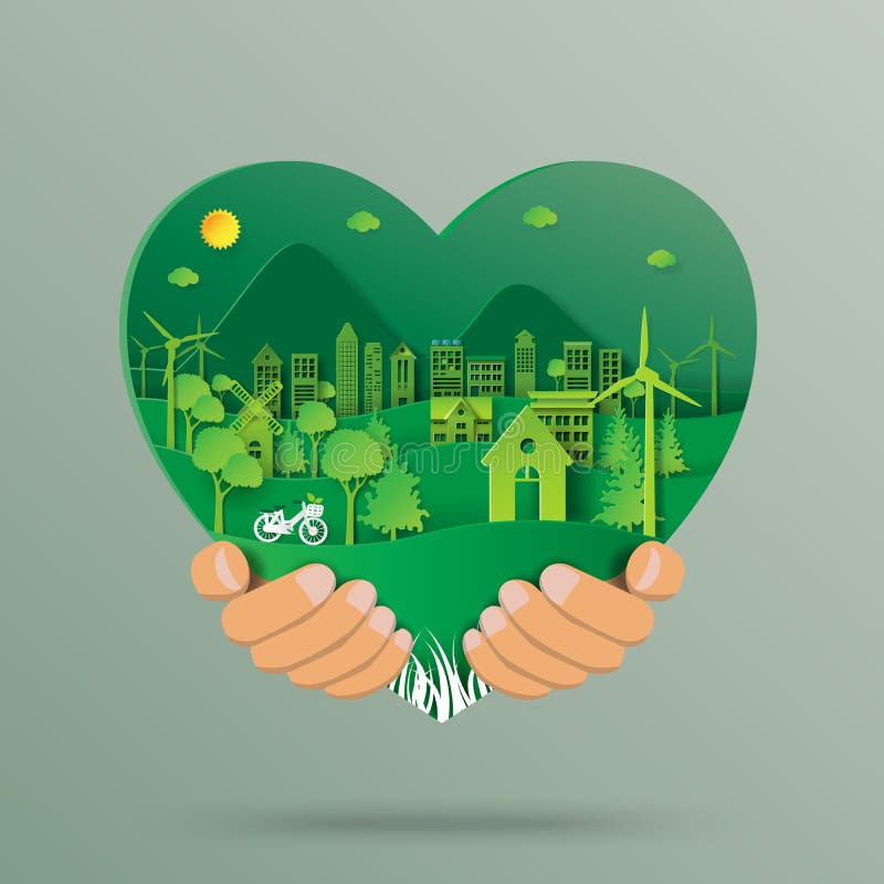 Hand holding heart shape with environment paper art style royalty free illustration Hand holding heart shape with environment paper art style royalty free illustration