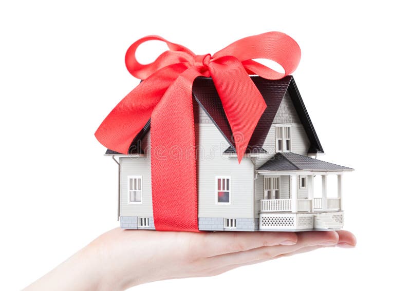 Model Of A House In Gift Box With Red Ribbon Stock Photo, Picture and  Royalty Free Image. Image 53249624.