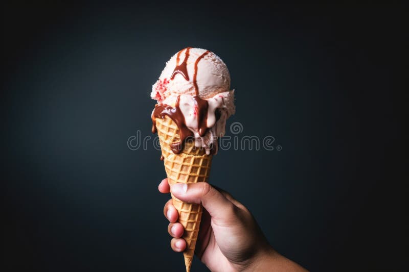 Hand holding an ice cream cone dripping down the side stock illustration