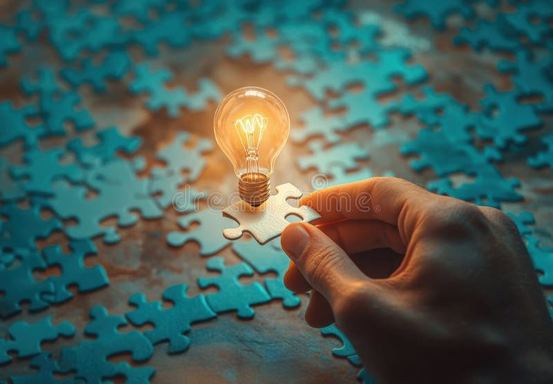 Hand holding illuminated light bulb on jigsaw puzzle piece, concept of solution and idea stock photo