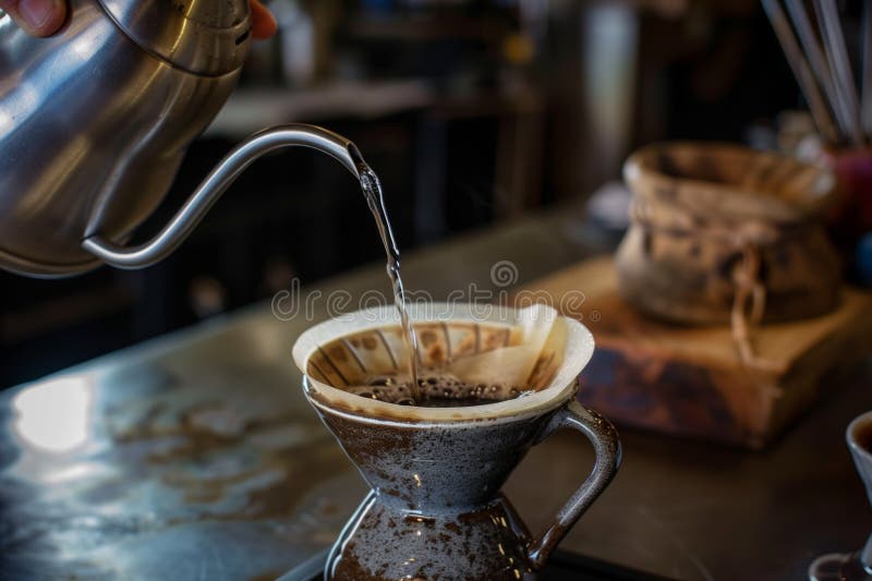 Mână care ține un ceainic turnând cafea într-un uscător de ceramică royalty free stock photo