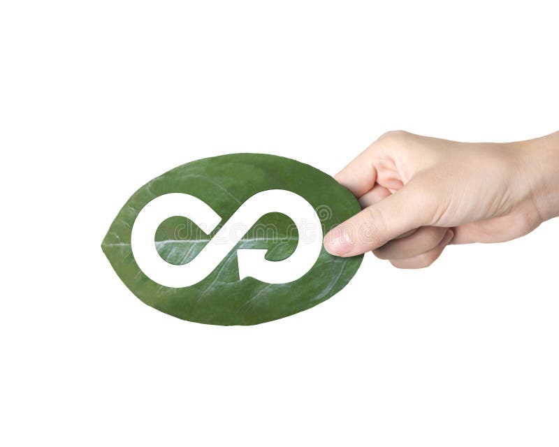 Hand holding leaf with hole of arrow infinity, circular economy stock photography Hand holding leaf with hole of arrow infinity, circular economy stock photography