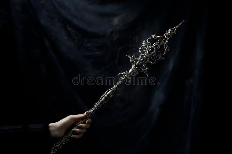 A hand holding a magical wand against dark background, AI-generated.