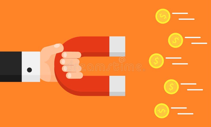 Hand holding magnet. Attraction money. Businessman. Flat style. Earn money royalty free illustration Hand holding magnet. Attraction money. Businessman. Flat style. Earn money royalty free illustration