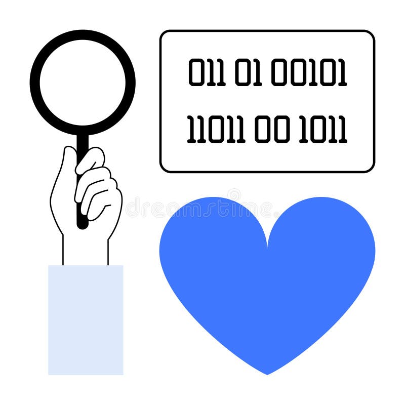 Hand Holding Magnifying Glass, Binary Code Rectangle, and Blue Heart Illustration royalty free illustration
