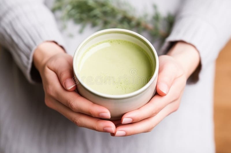 Hand holding matcha latte in ceramic cup stock images