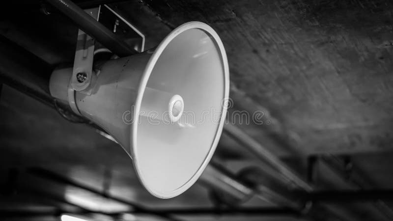 Hanging White Megaphone Horn Loudspeaker stock photos Hanging White Megaphone Horn Loudspeaker stock photos
