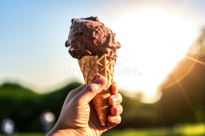 Hand holding a melting chocolate ice cream cone in summer sunlight royalty free stock photography
