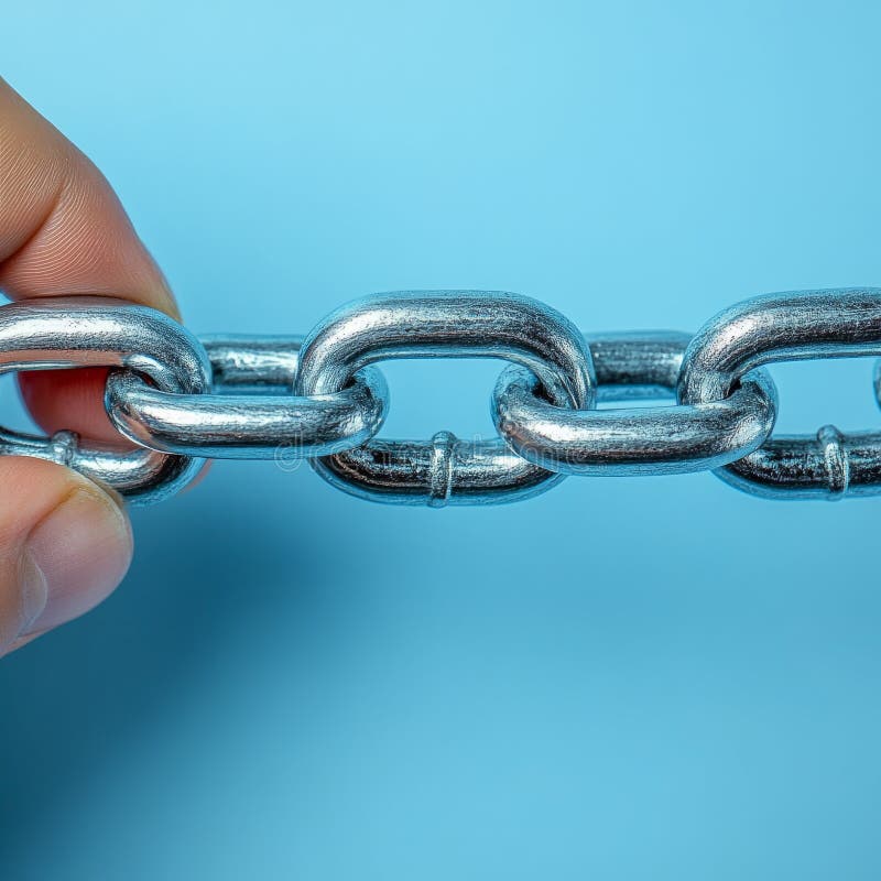 Hand holding a metal chain on a blue background. stock photo