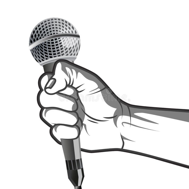 Hand Holding A Microphone In A Fist. Vector Illustration In Black And