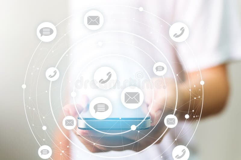Hand holding mobile phone, Contact us concept stock photo