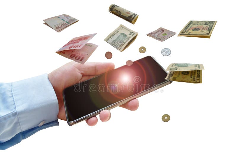 Hand holding mobile phone with international banknote and coin floating isolated on white background