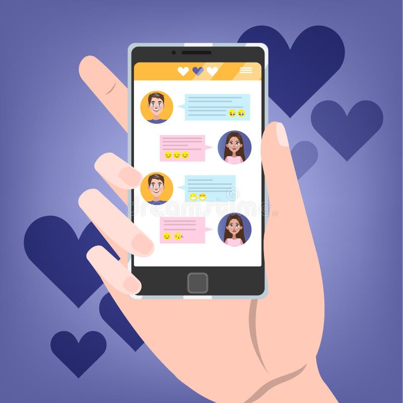 Hand holding mobile phone with love chat on the screen