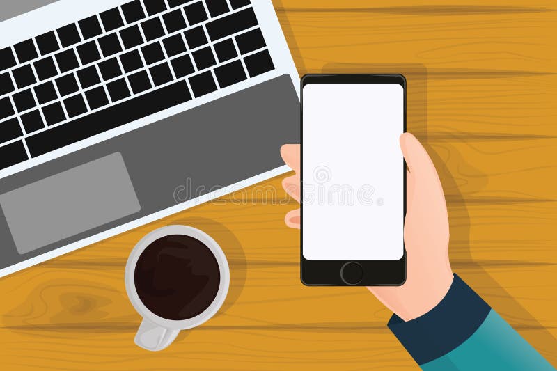 Hand holding mobile phone, Phone blank screen on table top view royalty free illustration Hand holding mobile phone, Phone blank screen on table top view royalty free illustration
