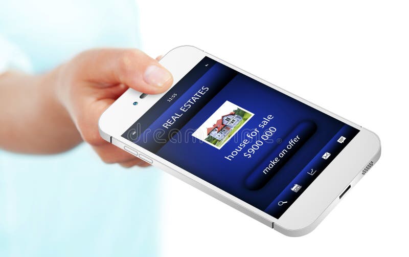 Hand holding mobile phone with real estate offer isolated over w stock images Hand holding mobile phone with real estate offer isolated over w stock images