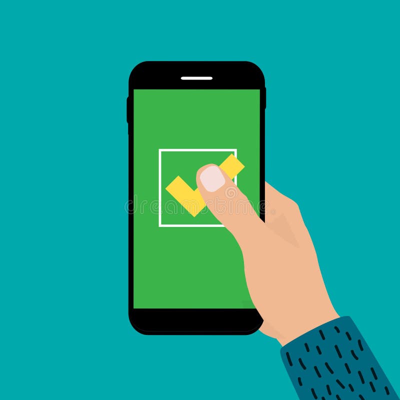 Hand Holding Mobile Phone with Yes Mark Sign. Vector Illustration Stock