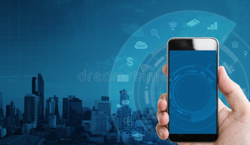 Hand holding mobile smart phone, and application icons technology with building background stock photos Hand holding mobile smart phone, and application icons technology with building background stock photos