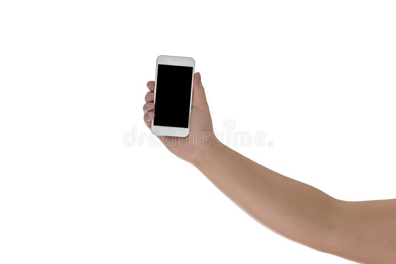 Hand holding mobile smart phone with blank screen. Isolated royalty free stock photo
