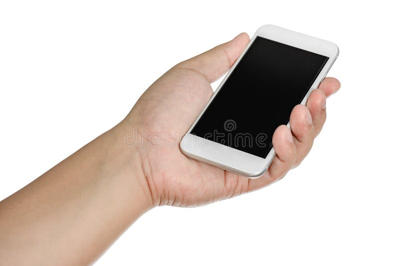Hand holding mobile smart phone with blank screen. Isolated stock images