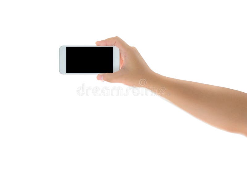 Hand holding mobile smart phone with blank screen. Isolated royalty free stock image