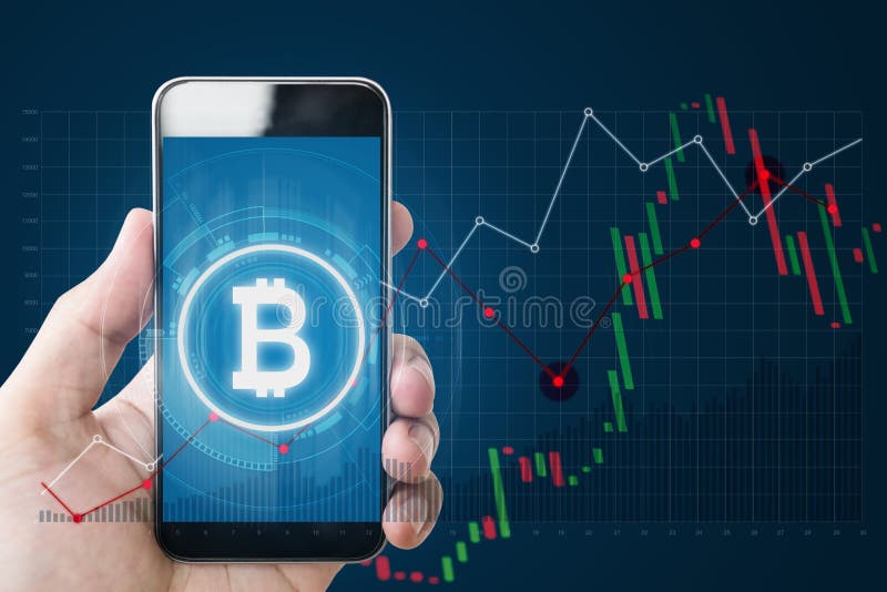 Hand holding mobile smartphone with B symbol of Bitcoin, internet banking and block chain on screen and raising graph background royalty free stock images