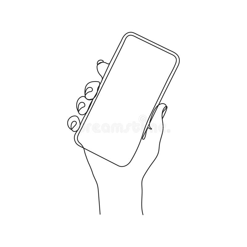 Hand holding mobilephone, smartphone. One line art stock illustration