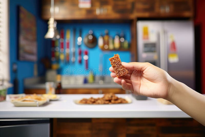 Hand holding a nut bar with kitchen backdrop royalty free stock image