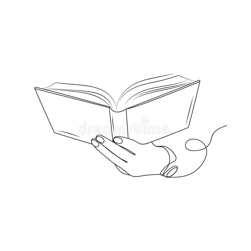 Hand holding open book. Line vector art stock illustration